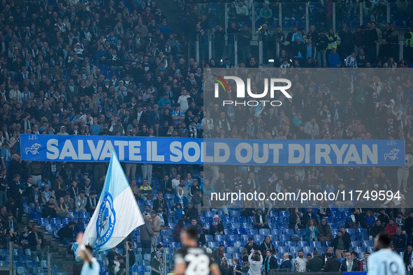 Supporters of SS Lazio show a banner during the Serie A Enilive match between SS Lazio and Cagliari Calcio at Stadio Olimpico on November 4,...