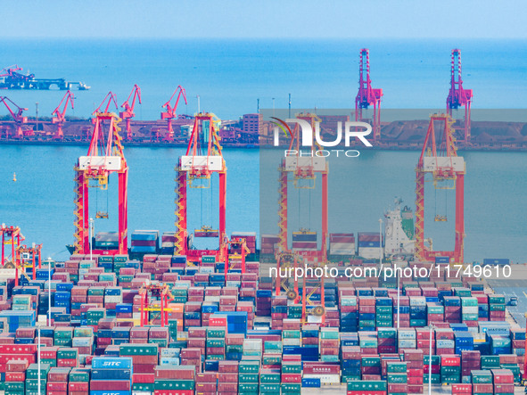 A photo taken on November 7, 2024, shows a working scene at the container terminal of Rizhao Port in Rizhao, China. 