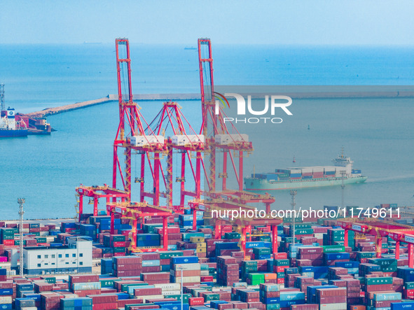 A photo taken on November 7, 2024, shows a working scene at the container terminal of Rizhao Port in Rizhao, China. 