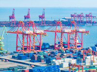 A photo taken on November 7, 2024, shows a working scene at the container terminal of Rizhao Port in Rizhao, China. (