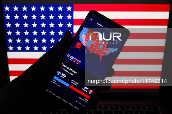 CNN Magic Wall map with US presidential results is screened on a mobile phone for illustration photo on November 7th, 2024. Former president...