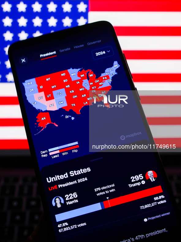 CNN Magic Wall map with US presidential results is screened on a mobile phone for illustration photo on November 7th, 2024. Former president...