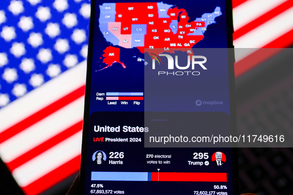 CNN Magic Wall map with US presidential results is screened on a mobile phone for illustration photo on November 7th, 2024. Former president...