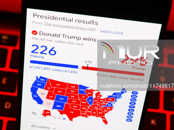 Googl graphic with US presidential results is screened on a mobile phone for illustration photo on November 7th, 2024. Former president Dona...