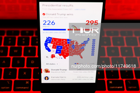 Googl graphic with US presidential results is screened on a mobile phone for illustration photo on November 7th, 2024. Former president Dona...