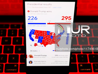 Googl graphic with US presidential results is screened on a mobile phone for illustration photo on November 7th, 2024. Former president Dona...