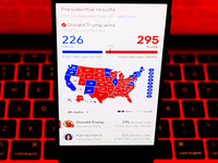 Googl graphic with US presidential results is screened on a mobile phone for illustration photo on November 7th, 2024. Former president Dona...