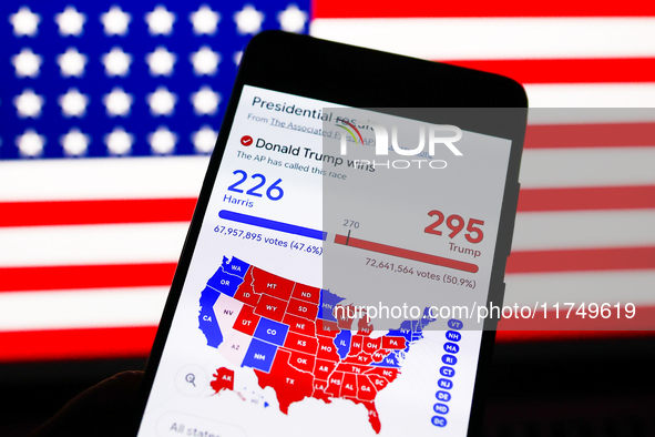 Googl graphic with US presidential results is screened on a mobile phone for illustration photo on November 7th, 2024. Former president Dona...