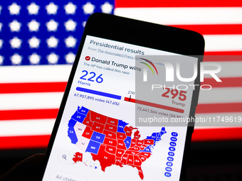 Googl graphic with US presidential results is screened on a mobile phone for illustration photo on November 7th, 2024. Former president Dona...