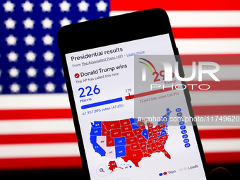 Googl graphic with US presidential results is screened on a mobile phone for illustration photo on November 7th, 2024. Former president Dona...