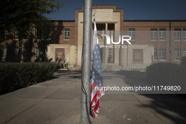 The U.S. flag, which hangs upside down, is pictured at the former U.S. embassy in Tehran, Iran, on November 7, 2024. Former U.S. President a...