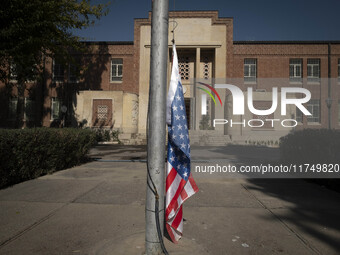 The U.S. flag, which hangs upside down, is pictured at the former U.S. embassy in Tehran, Iran, on November 7, 2024. Former U.S. President a...