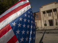 The U.S. flag hangs upside down at the former U.S. embassy in Tehran, Iran, on November 7, 2024. Former U.S. President and Republican candid...