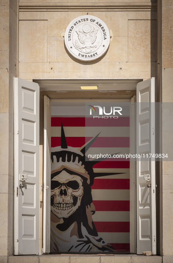 An anti-U.S. mural is pictured at the former U.S. embassy in Tehran, Iran, on November 7, 2024. Former U.S. President and Republican candida...