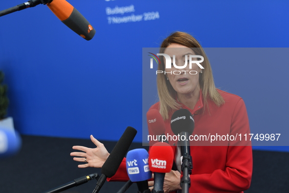 Roberta Metsola arrives at the 5th European Political Community Summit in Budapest, Hungary, on November 7, a day after Donald Trump wins th...