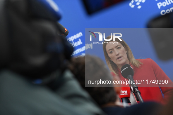 Roberta Metsola arrives at the 5th European Political Community Summit in Budapest, Hungary, on November 7, a day after Donald Trump wins th...