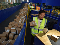 Employees of China Post Express Logistics sort express parcels at an intelligent automatic line in Fuyang, China, on November 7, 2024. (