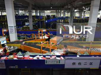 Employees of China Post Express Logistics sort express parcels at an intelligent automatic line in Fuyang, China, on November 7, 2024. (