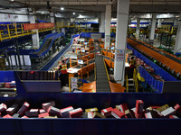 Employees of China Post Express Logistics sort express parcels at an intelligent automatic line in Fuyang, China, on November 7, 2024. (