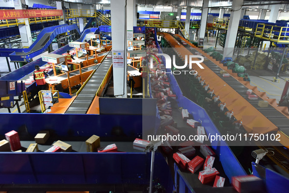 Employees of China Post Express Logistics sort express parcels at an intelligent automatic line in Fuyang, China, on November 7, 2024. 