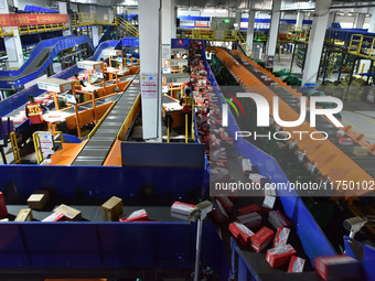 Employees of China Post Express Logistics sort express parcels at an intelligent automatic line in Fuyang, China, on November 7, 2024. (