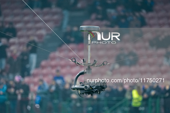 Spidercam camera during the UEFA Champions League 2024/25 League Phase MD4 match between FC Internazionale and Arsenal at Stadio San Siro on...