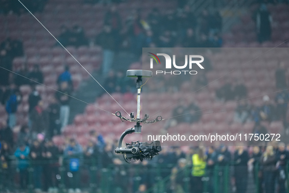 Spidercam camera during the UEFA Champions League 2024/25 League Phase MD4 match between FC Internazionale and Arsenal at Stadio San Siro on...