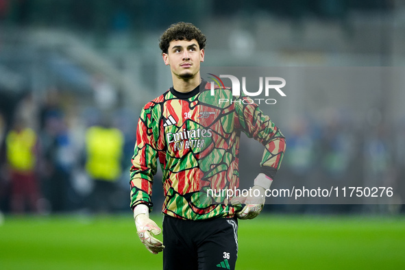 Tommy Setford of Arsenal looks on during the UEFA Champions League 2024/25 League Phase MD4 match between FC Internazionale and Arsenal at S...