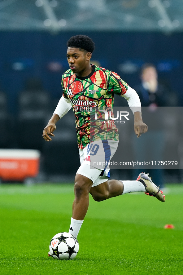 Myles Lewis-Skelly of Arsenal during the UEFA Champions League 2024/25 League Phase MD4 match between FC Internazionale and Arsenal at Stadi...