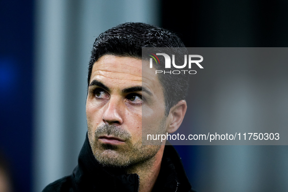 Mikel Arteta Head Coach of Arsenal looks on during the UEFA Champions League 2024/25 League Phase MD4 match between FC Internazionale and Ar...