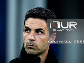 Mikel Arteta Head Coach of Arsenal looks on during the UEFA Champions League 2024/25 League Phase MD4 match between FC Internazionale and Ar...