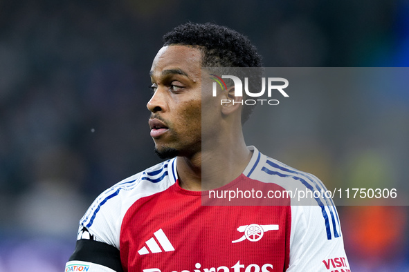 Jurrien Timber of Arsenal looks on during the UEFA Champions League 2024/25 League Phase MD4 match between FC Internazionale and Arsenal at...