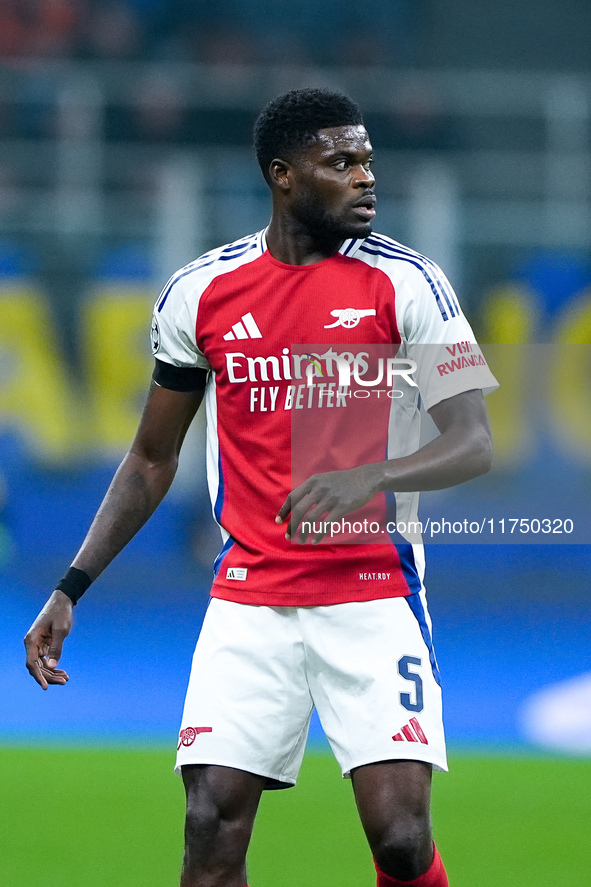 Thomas Partey of Arsenal looks on during the UEFA Champions League 2024/25 League Phase MD4 match between FC Internazionale and Arsenal at S...