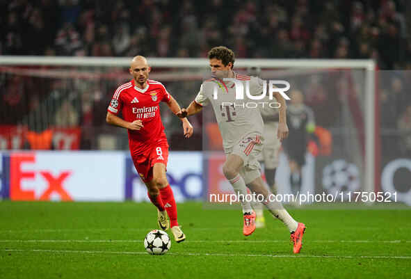 Thomas Muller of Bayern Munich  controls the ball during the Champions League Round 4 match between Bayern Munich v Benfica at the Allianz a...