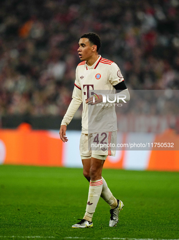 Jamal Musiala of Bayern Munich  looks on during the Champions League Round 4 match between Bayern Munich v Benfica at the Allianz arena, Mun...