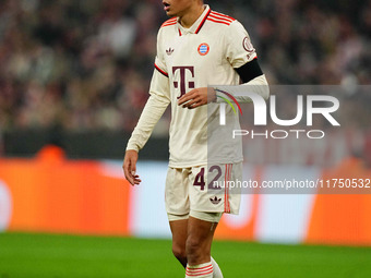 Jamal Musiala of Bayern Munich  looks on during the Champions League Round 4 match between Bayern Munich v Benfica at the Allianz arena, Mun...