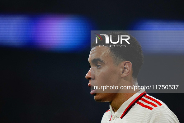 Jamal Musiala of Bayern Munich  looks on during the Champions League Round 4 match between Bayern Munich v Benfica at the Allianz arena, Mun...