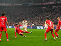 Joao Palhinha of Bayern Munich  shoots on goal during the Champions League Round 4 match between Bayern Munich v Benfica at the Allianz aren...