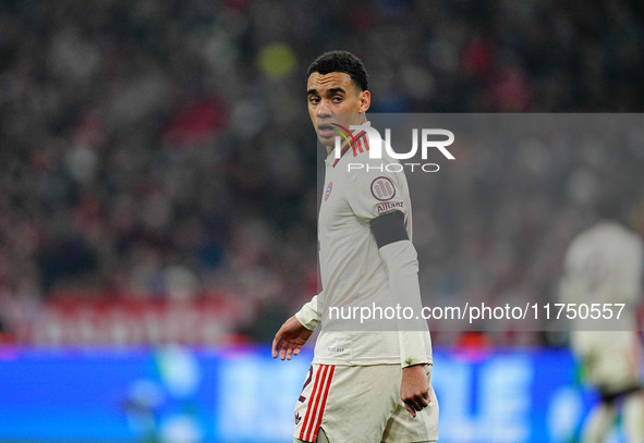 Jamal Musiala of Bayern Munich  looks on during the Champions League Round 4 match between Bayern Munich v Benfica at the Allianz arena, Mun...