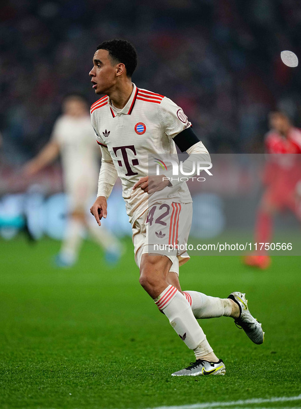 Jamal Musiala of Bayern Munich  looks on during the Champions League Round 4 match between Bayern Munich v Benfica at the Allianz arena, Mun...