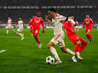 Jamal Musiala of Bayern Munich  controls the ball during the Champions League Round 4 match between Bayern Munich v Benfica at the Allianz a...