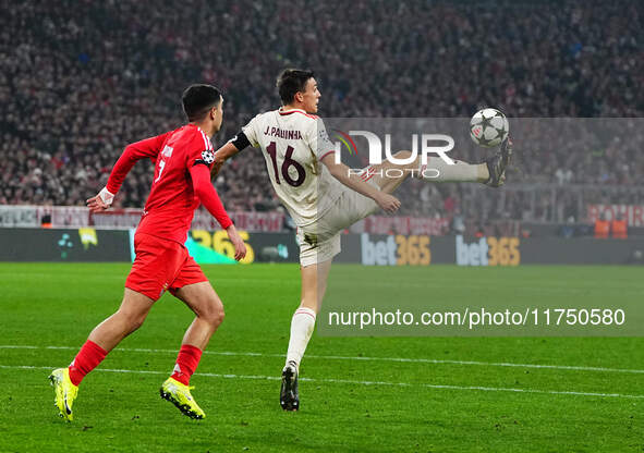 Joao Palhinha of Bayern Munich  controls the ball during the Champions League Round 4 match between Bayern Munich v Benfica at the Allianz a...