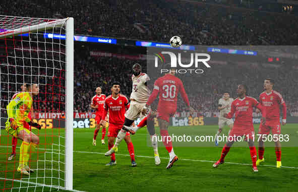 Dayot Upamecano of Bayern Munich  heads during the Champions League Round 4 match between Bayern Munich v Benfica at the Allianz arena, Muni...