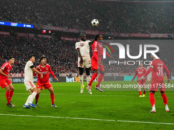 Dayot Upamecano of Bayern Munich  heads during the Champions League Round 4 match between Bayern Munich v Benfica at the Allianz arena, Muni...