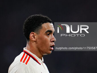 Jamal Musiala of Bayern Munich  looks on during the Champions League Round 4 match between Bayern Munich v Benfica at the Allianz arena, Mun...