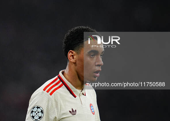 Jamal Musiala of Bayern Munich  looks on during the Champions League Round 4 match between Bayern Munich v Benfica at the Allianz arena, Mun...