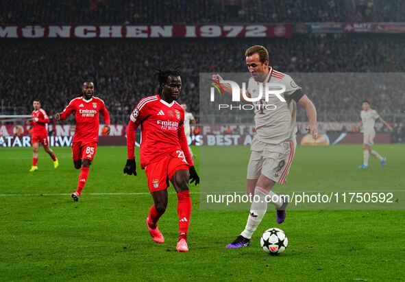 Harry Kane of Bayern Munich  controls the ball during the Champions League Round 4 match between Bayern Munich v Benfica at the Allianz aren...