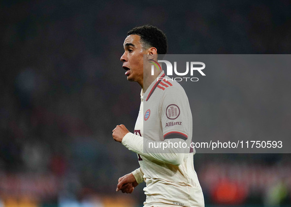 Jamal Musiala of Bayern Munich  looks on during the Champions League Round 4 match between Bayern Munich v Benfica at the Allianz arena, Mun...