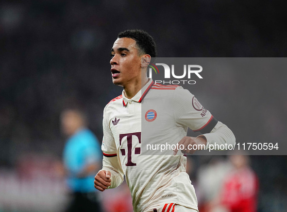 Jamal Musiala of Bayern Munich  looks on during the Champions League Round 4 match between Bayern Munich v Benfica at the Allianz arena, Mun...