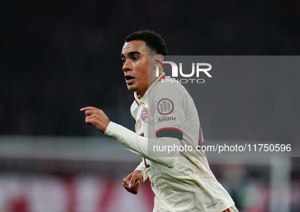 Jamal Musiala of Bayern Munich  looks on during the Champions League Round 4 match between Bayern Munich v Benfica at the Allianz arena, Mun...